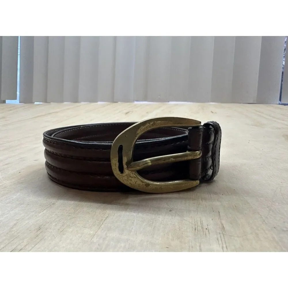 Brown Leather Belt Stamped “Italy” On Brass Buckle Medium M‎ 34”